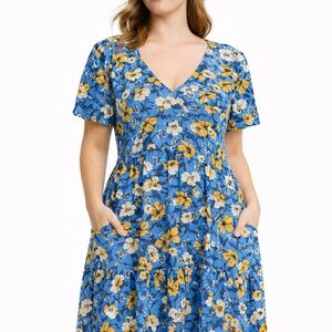 Universal Thread Blue Floral Tiered Dress w/ Pockets  Size M
